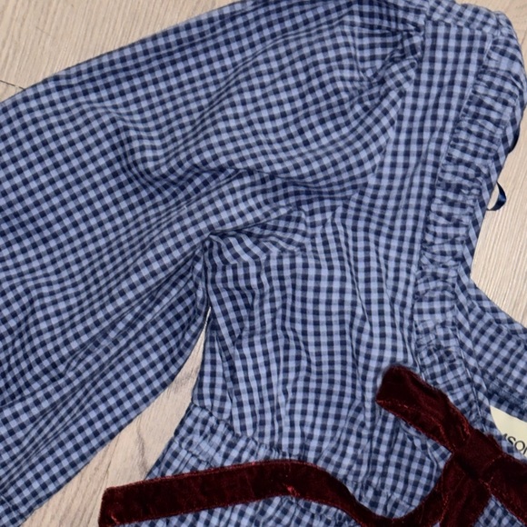 Damson Madder Dakota Blouse Blue Gingham Maroon Bows 14 - Picture 5 of 6